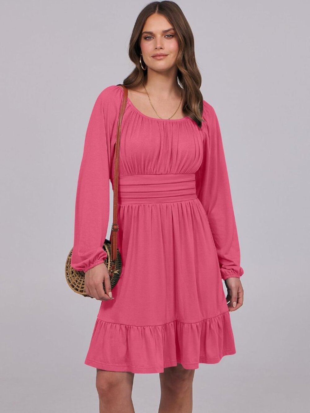 Women's Hot Pink Long Lantern Sleeve Waist Ruffle Flowy Swing A-Line Short Dress - Picture 3 of 6
